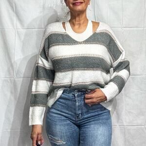 Elan Sweater Stripe V-Neck Long Sleeve Sz M NWOT